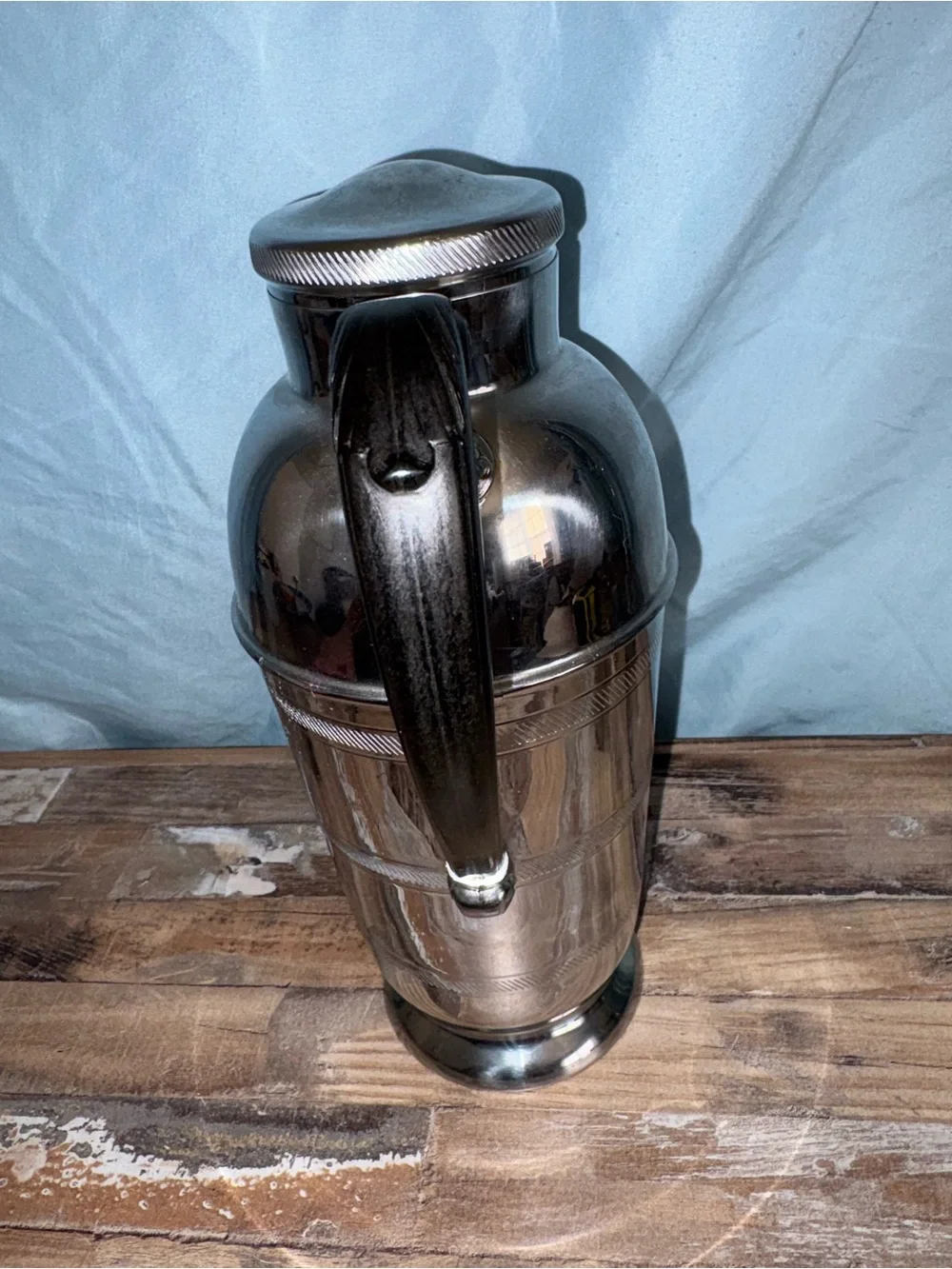 Vintage Farber Bros Polished Silver Cocktail Shaker with Black Sculpted Handle